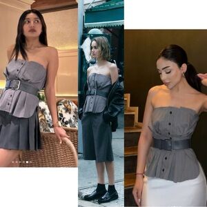 Zara charcoal gray pinstripe bustier corset top strapless raw unfinished hem L